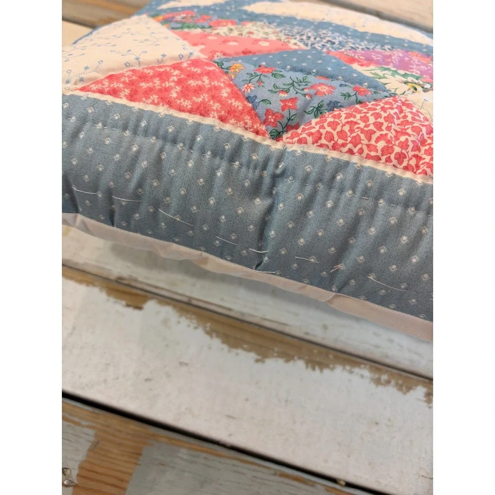 Handmade Quilted Basket Patchwork Throw Pillow Blue Floral Cottagecore